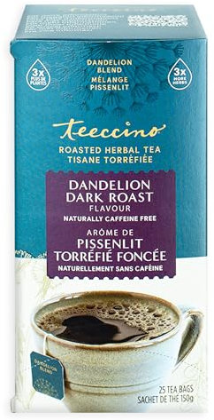 Teeccino Tarassaco Tè tostato scuro - Tisana senza caffeina, biologica e tostata con prebiotici, 3 volte più erbe delle normali bustine di tè - Alternativa al caffè senza - 25 bustine di tè