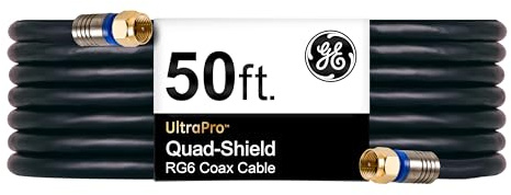 GE RG6 Coaxial Cable, 50 ft. F-Type Connectors, Quad Shielded Coax Cable, 3 GHz Digital, in-Wall Rated, Ideal for TV Antenna, DVR, VCR, Satellite, Cable Box, Home Theater, Black, 33532
