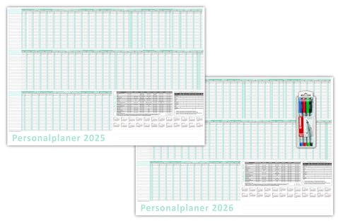 Urlaubsplaner/Personalplaner 2025 + 2026 nass abwischbar mit Folienkaschierung inkl. Stifteset - DIN B1 Format (1000 x 700 mm) 22 Mitarbeiter Januar bis März Folgejahr mit Schulferien (gerollt!)