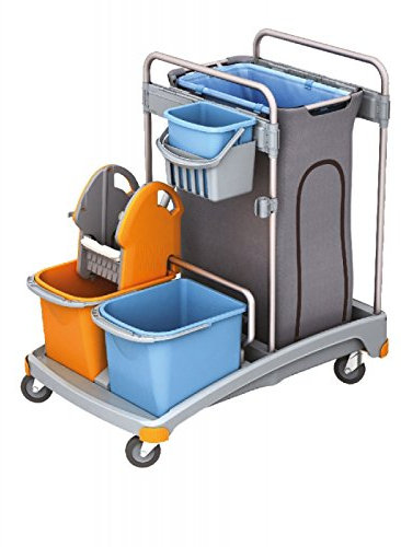 Splast Reinigungstrolley mit Plastikbasis, Eimern, Abfallsackhalter und Mopppresse