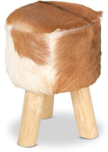 livasia Ziegenfellhocker mit Teakholz, Sitzhocker, Beistellhocker (Ziegenfell - Braun - Weiß)