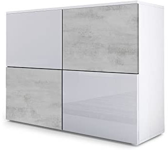Vladon Sideboard Rova, Made in Germany, Kommode mit 4 Türen, Weiß matt/Weiß Hochglanz/Beton Oxid-Optik (92 x 72 x 35 cm)