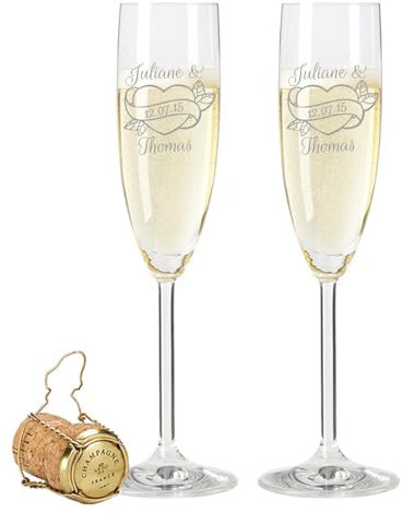 Leonardo Sektgläser mit Gravur von Namen & Datum im - Wedding Heart Design - als Geschenk zur Hochzeit, Verlobung oder zum Jahrestag - Personalisiert mit Wunschgravur - das perfekte Hochzeitsgeschenk