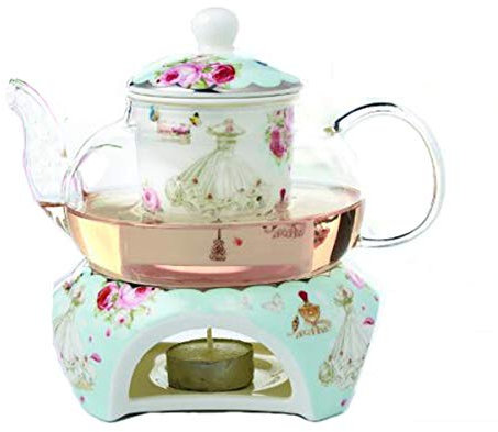 YBK Tech Théière en porcelaine anglaise et verre avec réchaud et infuseur à thé Bleu (motifs roses et robes))
