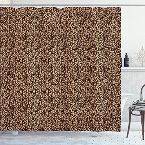 ABAKUHAUS Leopard-Druck Duschvorhang, Orange Exotische Afrikanische, Stoffliches Gewebe Badezimmerdekorationsset mit Haken, 175 x 180 cm, Orange Schwarz