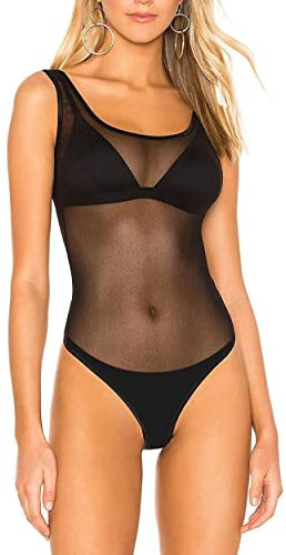 Ypser Women's Sheer Bodysuits Sleeveless One Piece Lingerie See Through Mesh Jumpsuit Tops