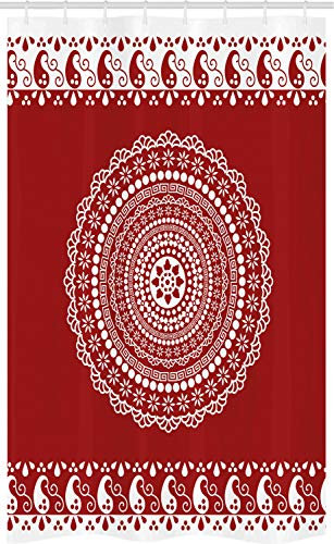 ABAKUHAUS Red Mandala Schmaler Duschvorhang, Paisley Side Border, Badezimmer Deko Set aus Stoff mit Haken, 120 x 180 cm, Burgunder und Weiß