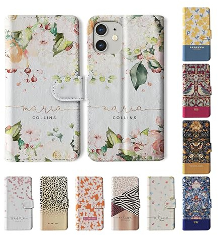 Tirita Personalised Wallet Phone Case for iPhone 11 With Card Holder – Leather Flip Case or Cover With Custom Name – Cute Personalised Gift for Women [15. Floral White Flowers English Roses]
