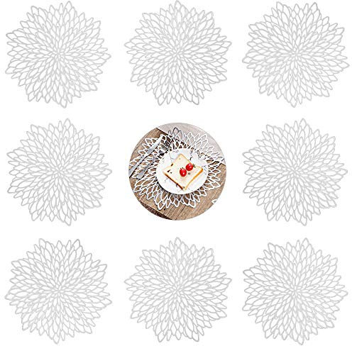 GLOBALDREAM Tovagliette Rotonde Scavate, 8 Pezzi Tovagliette Sottopiatto Tappetini da Tavola Resistenti al Calore Stuoie Tappeti da Pranzo per Tavolo, Pranzo, Cucina (Argento, 38 cm)