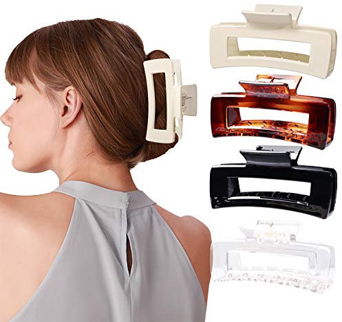 HAYHOI 4PCS Large Hair Claw Clips, Acrylic French Design Hair Barrettes Clamps, No Slip Hair Catch Jaw Comfortable for Thick Hair-Fashion Accessories for Women Girls, Black/Brown/White/Transparent