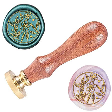 SUPERDANT 25mm Blumenblatt Gras Muster Wachs Siegelstempel Abnehmbarer Wachs Siegelstempel Und Messing Rundkopfstempel Mit Holzgriff Zum Dekorieren von Umschlag Pnvitations Wine Package Craft
