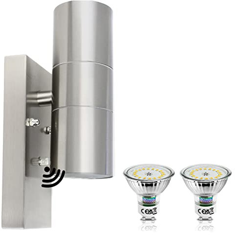 Allesgute LED Aussenleuchte mit Dämmerungsschalter Edelstahl, Modern Dämmerungssensor Wandleuchte Außen IP44 Up Down Außenlampe für Garten Hof Haustür, Inkl. 5W 500LM GU10 Warmweiß