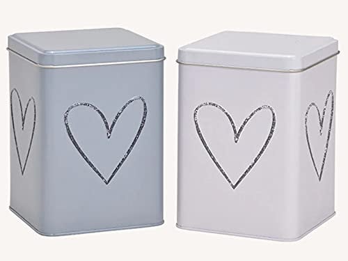 2er-Set Vorratsdose mit Deckel in Herz Dekor - Dose aus Metall 2-fach sortiert (weiss grau) (ECKIG - B 10cm x H 15cm x T 10cm)
