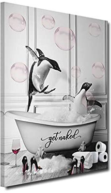 ZHONGYUTONG Badezimmer Wandbilder-Pinguine in der Badewanne mit Rosa Blasen lustige Tiere Bild Wanddekoration Gerahmt Schwarz Weiß Leinwandbilder Gemälde für Badezimmer (30x45cm)