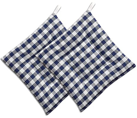 Topflappen Hannah – hochwertiger Hitzeschutz 2er Pack | dick gefütterter Untersetzer blau-weiß kariert | 2 Küchenhelfer quadratisch im Landhaus-Stil Küchenzubehör Kochen Backen waschbar 21 x 21 cm