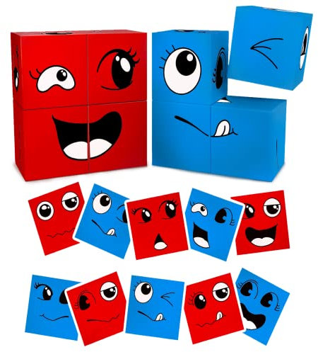 Holzspielzeug zum Ausdrücken, Baustein, magisches Gesicht, Montessori-Spielzeug, 16 Teile Holzpuzzle und 64 Karten