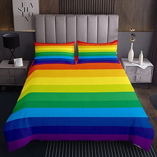Loussiesd Regenbogen Tagesdeck 170x210cm Wohndecke für Mädchen Bunt Streifen Design Bettüberwurf rot Orange Gelb Grün Blau Violett Steppdecke mit 1 Kissenbezug