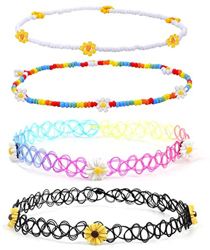 4-teiliges Choker-Halsketten-Set, Henna-Tattoo, elastischer Schmuck für Mädchen und Frauen, Kunststoff, Ohne Edelstein