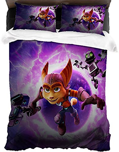 ANSSON Ratchet & Clank Bettwäsche-Sets,Kinder Mikrofaser 1 Bettbezüge und 2 Kissenbezug,Spiel Motiv Schlafzimmer dekorative Bettwäsche (135x200cm+80x80cmx2, Ratchet5)