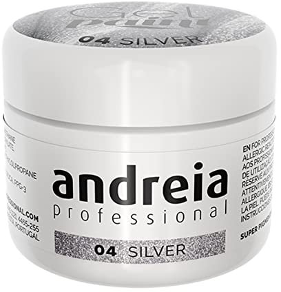 Andreia Professional Nail Art Design Gel Paint Pots - Highly Pigmented, Intense Colour - No Flow, High Viscosity UV Gel Paint for DIY Manicure - Vegan - 4g - 04 Silver