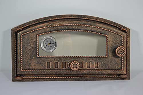 SEZAM Puerta de horno de hierro fundido con termómetro 500°C, cristal resistente al calor, apertura a la izquierda, puerta para pizza, horno de pan, puerta de piedra, 48,5 x 6,5 x 27,5 cm, color cobre