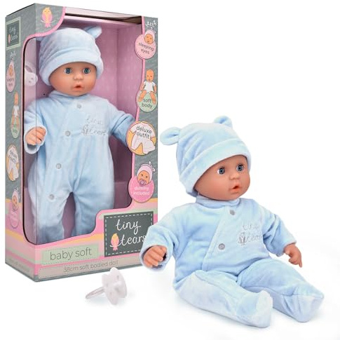 John Adams Tiny Tears Baby Soft Doll 15 (38 cm) - Pale/White Skin | Soft Bodied Baby with Closing Eyes & Dummy | Deluxe Blue Outfit | Cuddly First Doll Set | Toy for Toddlers Age 10 Months+