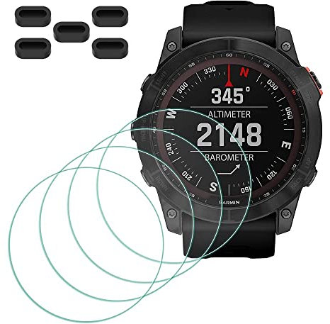 MTHGH Protection Écran pour Garmin Fenix 7X Solar/Sapphire Solar Verre Trempé [4 Pièces] + Bouchons Anti-poussière [5 Pièces], Protecteur d'Écran Dureté 9H Anti-rayures Sans Bulles Ultra Mince