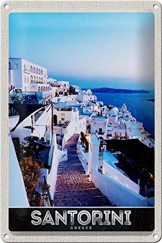 Femer Targa in metallo da viaggio 20 x 30 cm Santorini isola bianca case vacanza cartello tin Sign