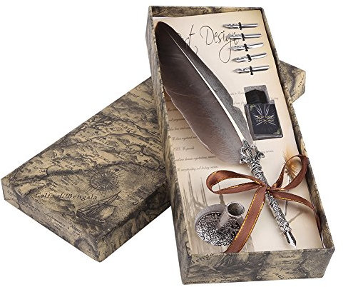 Ejoyous Schreibfeder Kalligraphie Feder, Vintage Federstift Set mit Tintenflasche Antiken Feder Kalligraphie Stift Geschenkset mit 5 Federn, für Kinder Anfänger (Schwarz)