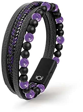 UNIQAL | Echtleder Armband Herren mit Natursteinen FANCY Mens nature stone Bracelet | Edelstahl, Männer | Etui Box Gratis (LILA AMETHYST, 19)