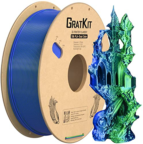 Gratkit Silk Dual-Color PLA Filament,Coextrusion 3D Printer Filament 1.75mm | Multi Color Filament Neatly Wound, Dimensional Accuracy +/-0.03mm, 1KG/Roll, Silk PLA Blue & Green