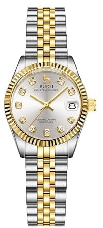 BUREI 30MM Mode Damen Uhr Silber Edelstahl Armbanduhren Analog Quarz Uhren mit Kalender