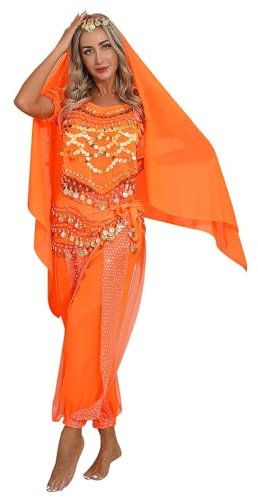 YiZYiF Damen Bauchtanz Kostüm Münzperlen Bauchtanz Oberteil Haremshose Kopftuch Hüfttuch indische Tanzkleidung Karneval Fasching Kostüm Orange Einheitsgröße