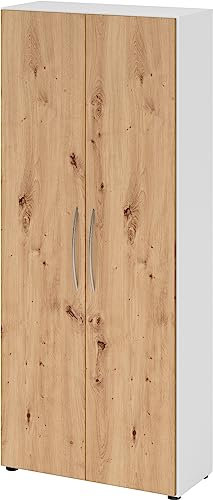 bümö Mehrzweckschrank 80cm breit, Aktenschrank o. Schuhschrank hoch, Schrank mit Regal, Küchenschrank in Weiß/Asteiche aus Holz, Vorratsschrank & Haushaltsschrank mit Metallgriffen