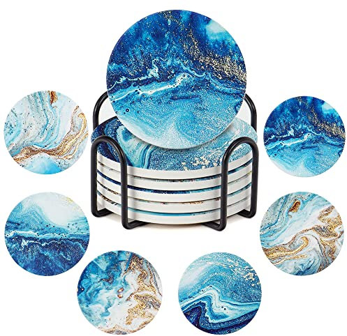 WYLHXYQQ drink coaster, Set of 6 set with stand, cork base,Ceramic coaster suitable for all kinds of cups, gift. (ocean)