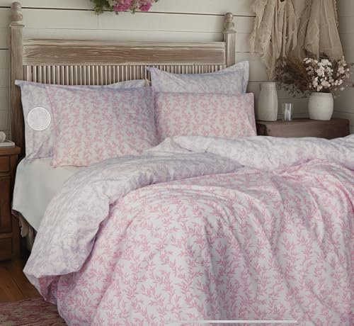 LERUUM Parure Housse De Couette 220x240 Coton Adulte Rose Lilas Motif Floral Feuilles Parure De Lit Réversible Eté pour 2 Personnes (240x220+2(65x65)