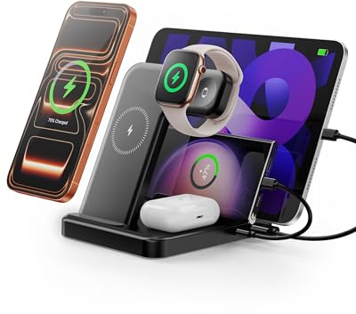 Caxdon 5 in 1 Ladestation, Kabelloser & Kabelgebundener Ladeständer für iPhone 16 Pro Max/Pro/Plus/15/14/13/12, iPad Pro/Air/Mini, Apple Watch, AirPods & Typ-C Geräte, Schwarz