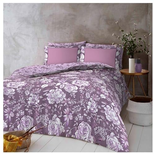 Lions Floral Bedding Set - 4 Piece King Size Bed Duvet Cover with Pillowcase Fitted Sheet, Soft Poly Cotton Reversible Quilt Covers, Purple