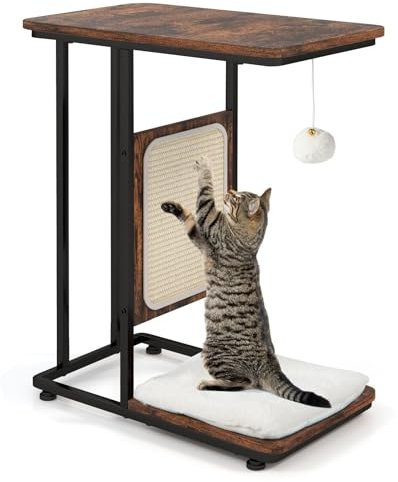Tangkula Arbre à chat et table d'appoint 4 en 1, table basse pour chat en forme de C, petite table d'appoint pour chat avec tapis à griffer en sisal, coussin amovible et lavable, meuble moderne pour