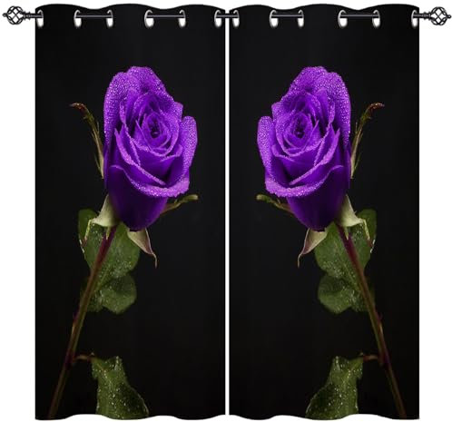 ANHOPE Rose Curtains Eyelet Soft Thermal Insulated Blackout Curtains Black Background Beautiful Purple Flower Print Pattern Ring Top Window Drapes for Bedroom Living Room 46 x 63 Inch 2 Panels