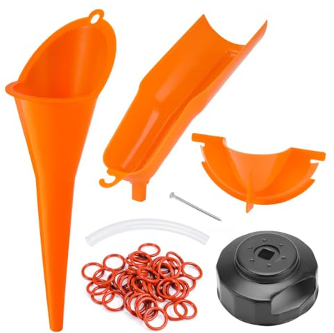 Oil Filter Cap Wrench and Funnel Set: Crankcase Fill Funnel, Primary Case, Drip Free Oil Filter Funnel + 50 Pcs Fluorine Rubber O-Ring Primary Rain Plug for Harley Sports Star Dyna