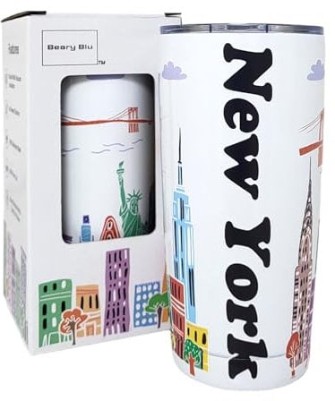 Beary Blu City Themed Artwork Tumbler Collection - Designed in the USA - 20oz Vacuum Insulated Tumbler with Lids - Stainless Steel Coffee Travel Mug with, Cup for Hot Cold Drinks (New York)