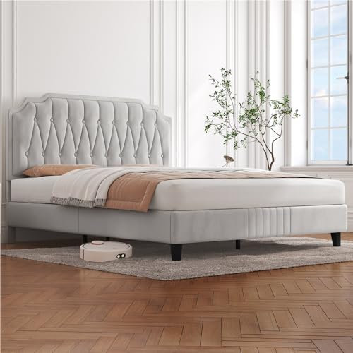 Yaheetech Cadre de Lits Capitonnée 160x200 cm avec Sommier, Lit Double pour Adultes, 2 Personnes à Deux Places, Réglable en Hauteur, Pied en Métal, Beige