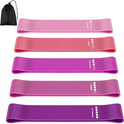 Fitnessbänder Set, Latex Fitness bänder 5er Set, 5 Verschiedene Stärken trainingsbänder Mit Übungsanleitung & Tragebeutel, Resistance Bands Set für Muskelaufbau, Yoga, Pilates, Krafttraining
