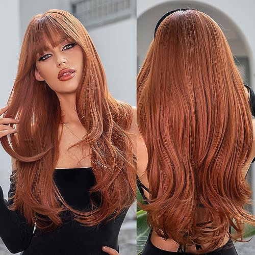 Allbell Long Wavy Ginger Perücke Damen mit Pony Rot Braune Perücke Hitzebeständig Synthetische Faser Wig für den Täglichen Gebrauch Party
