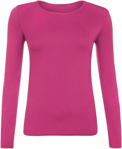 FASHION MY LOVE Women Ladies Long Sleeve Round Neck Plain Top Stretchy Casual Summer T-Shirts Basic Slim fit Tee Tops UK Plus Size 8-26 Cerise