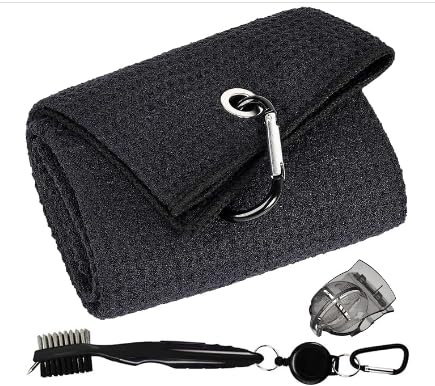 GOLDJU Golf Zubehör Set,Mikrofaser Golf Handtuch,einziehbare Golfschläger Reinigungsbürste/Golf bürste,Edelstahl Bürste Set mit Aluminium Karabiner Faltbare Golf Pitchgabel Set.