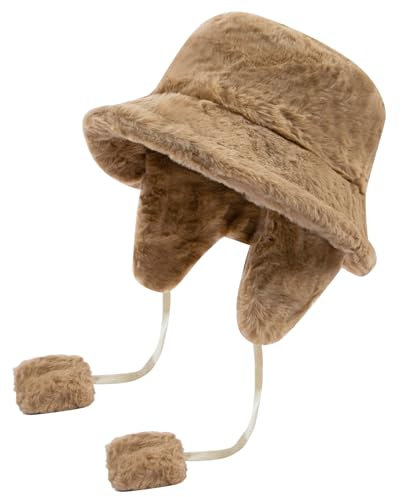 CLAPE Plüsch Wintermütze Damen Kunstfell Eimer Hut mit Ohrenklappen Warm Winter Fischerhut Herren Wide Brim Bucket Hat with Earflaps