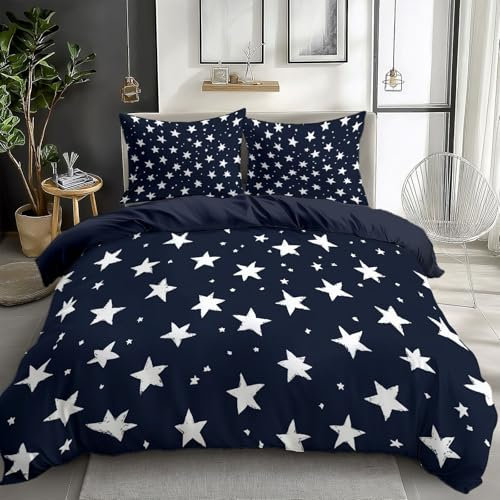 Quixora Cartoon-Sterne Sternenhimmel Bettwäsche Set Nachthimmelblau Bettbezug mit Reißverschluss Pflegeleicht Atmungsaktiv Mikrofaser 200 x 200 cm 2 Kissenbezug 80x80cm