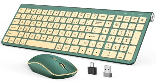 JOYACCESS Clavier Souris sans Fil, Clavier AZERTY Compacte Portable de Taille Normale, avec Pavé Numérique et Souris 2400 DPI, pour Laptop, Ordinateur de Bureau - Vert Émeraude